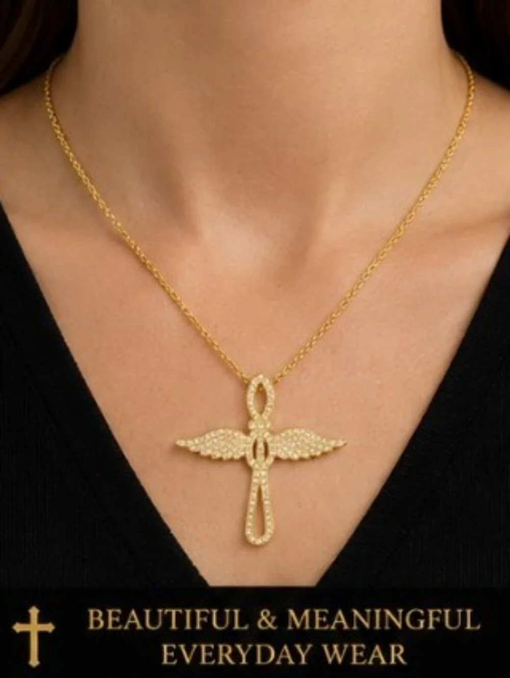18K Gold Over Stainless Steel Angel Wing Cross Necklace CZ Christian Faith 18+2